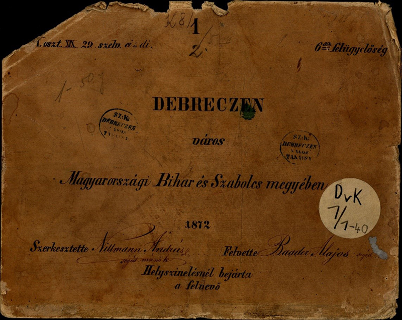 Debrecen város 1872-es kataszteri térképének borítólapja
