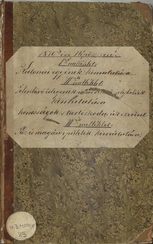 Az 1869-es népösszeírás I–III. sz. mellékleteinek borítója és egy lapja