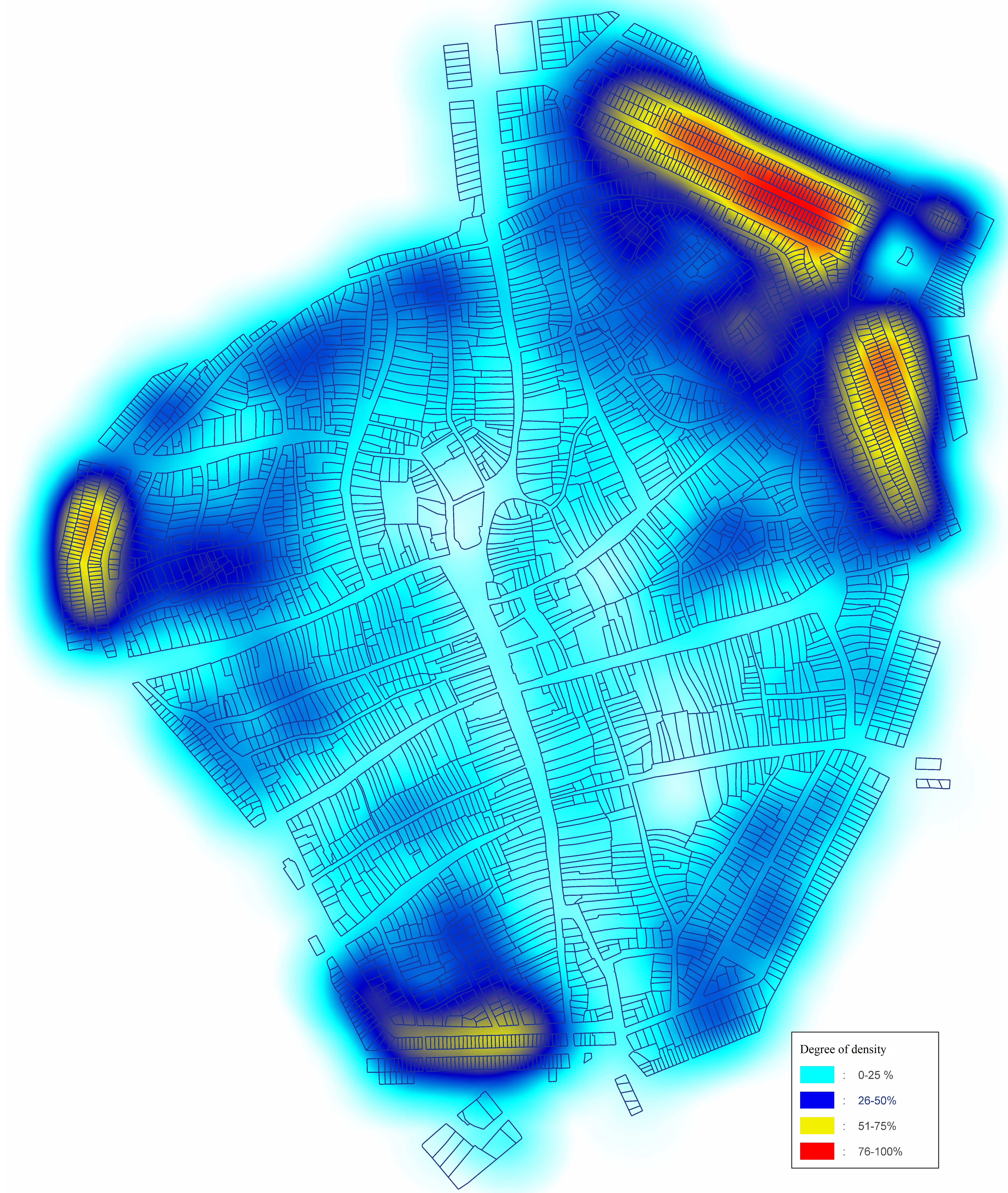 The residential density of the Debrecen-born population in the inner city of Debrecen, 1870