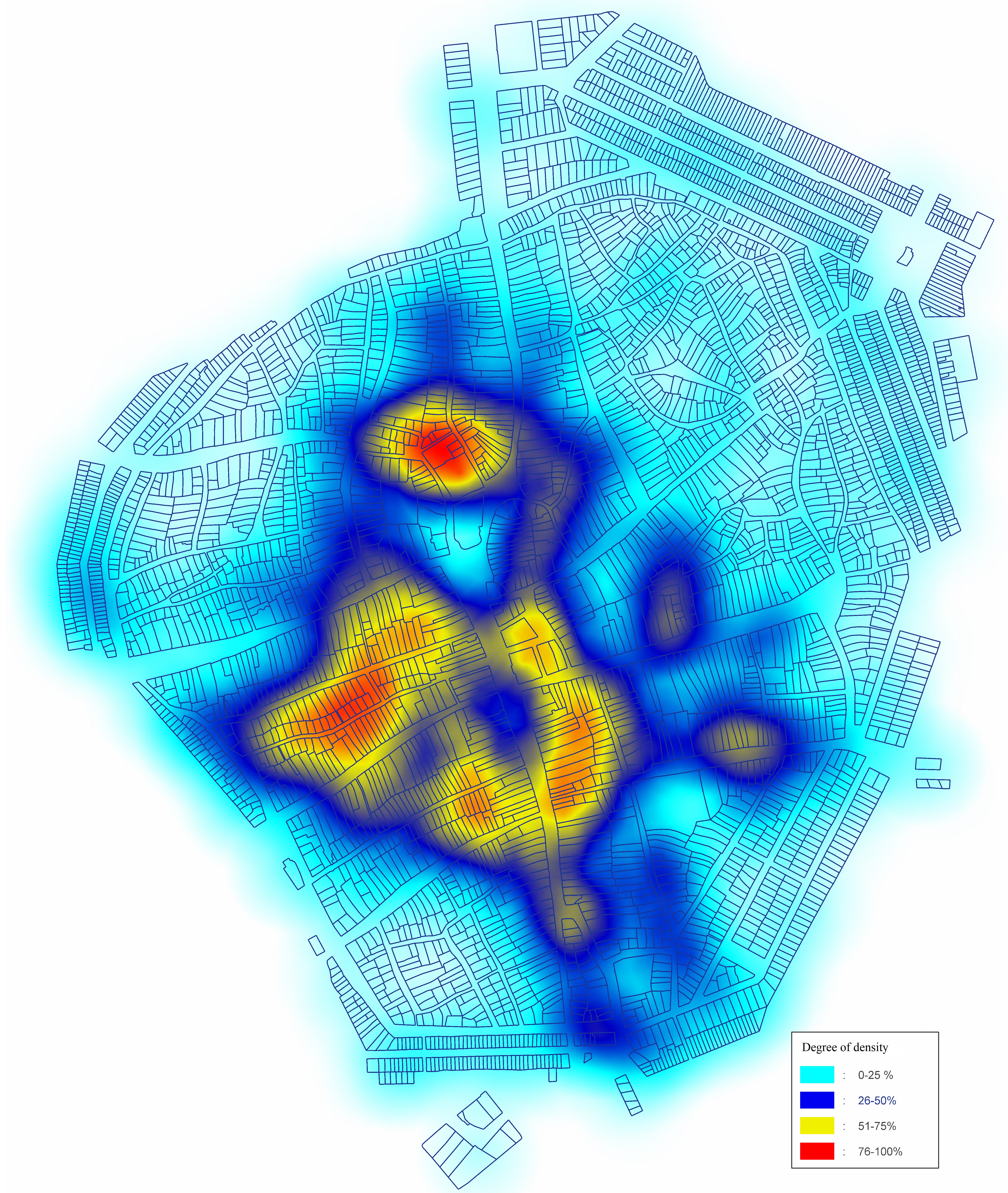 Residential density of the in-migrant settlers in the inner-city of Debrecen, 1870