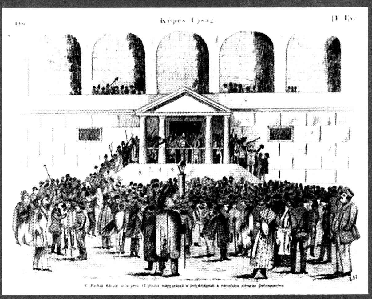 Népgyűlés a Városháza udvarában 1848-ban